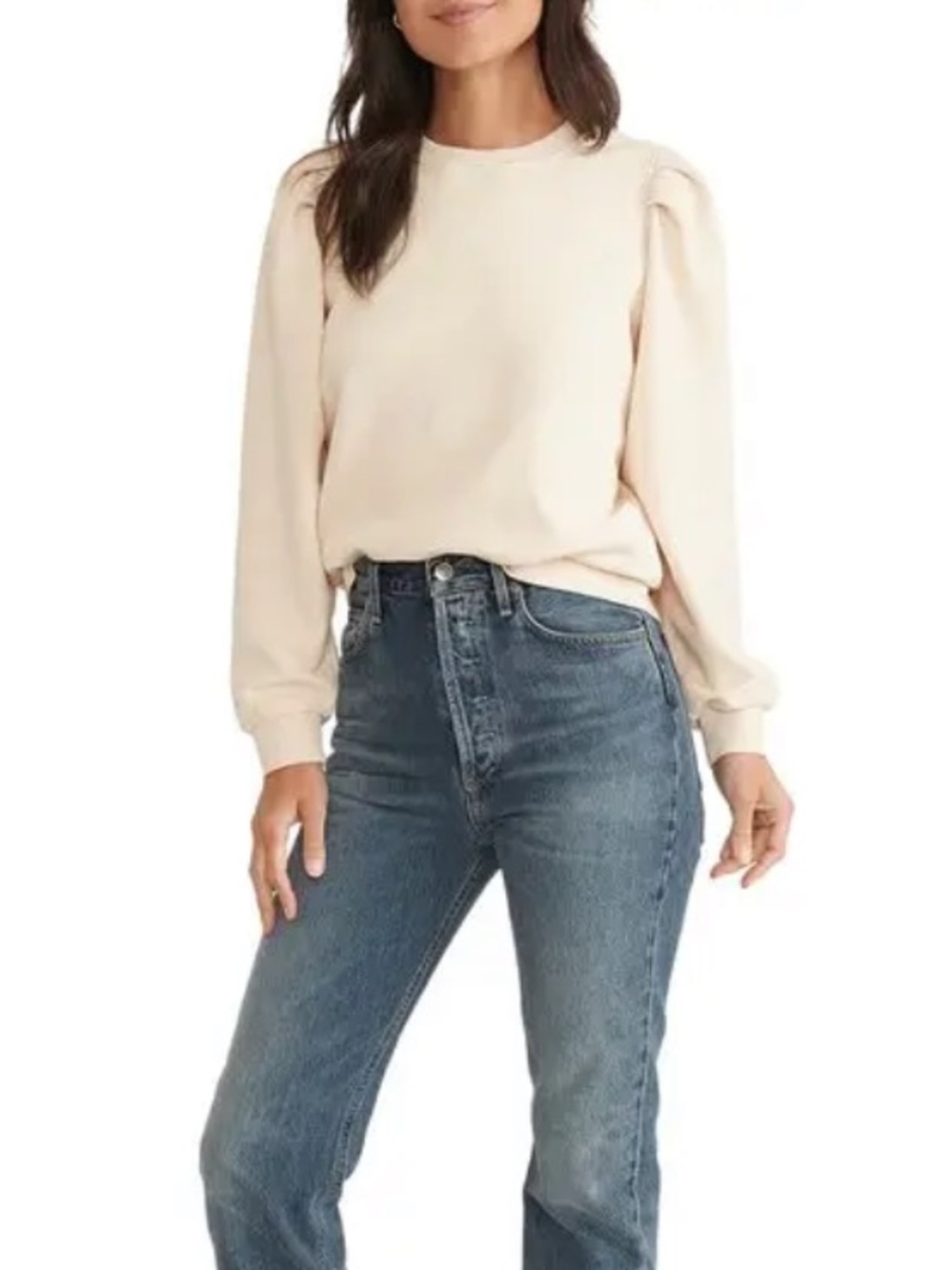 Marine Layer Enya puff sleeve sweatshirt S antique white organic cotton crewneck